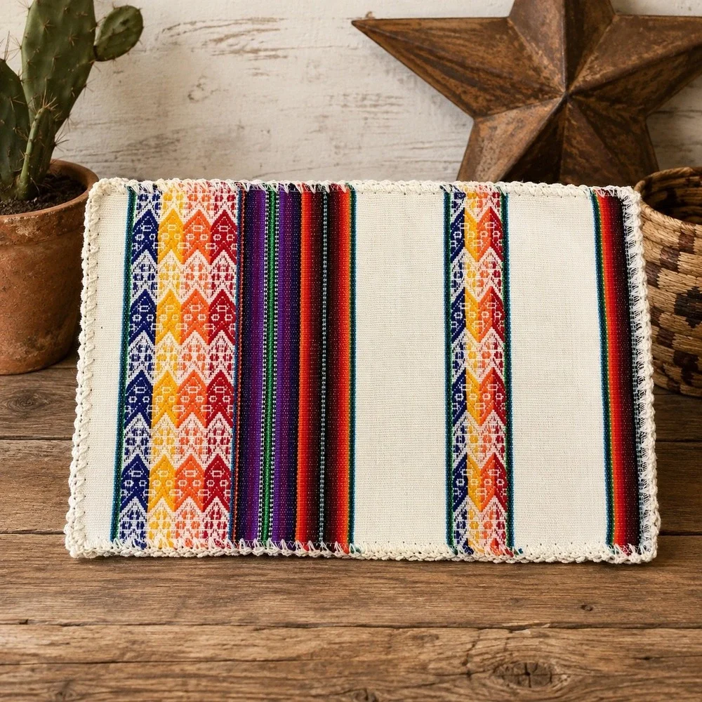 Handwoven Peruvian Textile Placemat Rainbow Geometric Stripe Crochet Trim 16x11